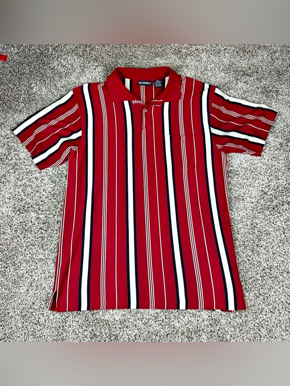 Vintage Sz Large Men’s Puritan Vertical Striped Polo Shirt Red White Blue - Picture 1 of 8